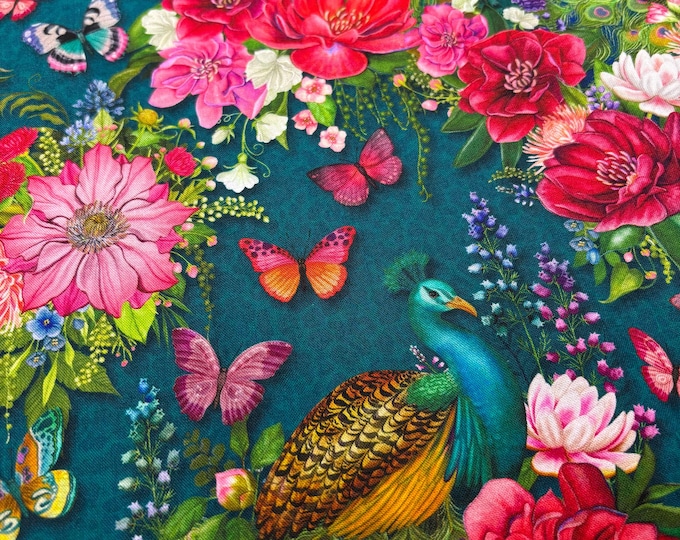 Teal Turquoise Pink Peacock Cloth Napkins, Cotton Dinner Napkins, Set of 6