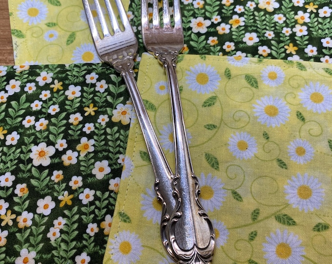 Green and Yellow Reversible Cloth Napkins, Set of 4, great for snacks, small bites and cocktails, Ready to Ship, by CHOW with ME