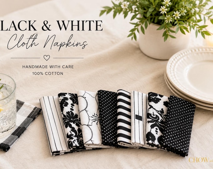 Black and White Cloth Cocktail Napkins, Set of 8, Cotton, No Ironing Required