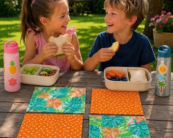 Orange Teal Green Cotton Lunchbox Napkins – Set of 4, 10 Inch, No Ironing Required