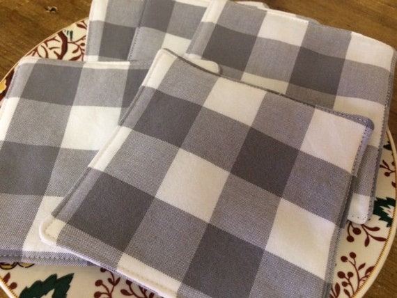 Gray and White Buffalo Check Coasters, Fabric Coasters, Beverage Coasters, Select your Set, Farmhouse Chic Coasters, Drink Coasters, Mug Rug