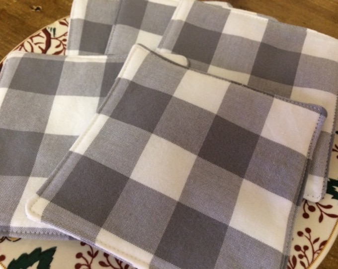 Gray and White Buffalo Check Fabric Coasters, Farmhouse Chic