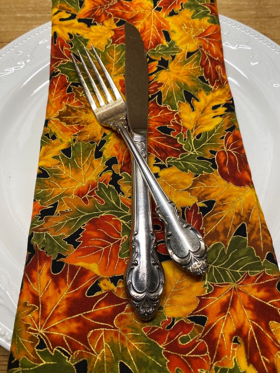 Fall Holiday Cloth Napkins, Set of 4, 18 inch Dinner Size, Colorful Fall Leaves - Gold, Burnt Orange, Emerald Green, Table - PRETTY!!!!