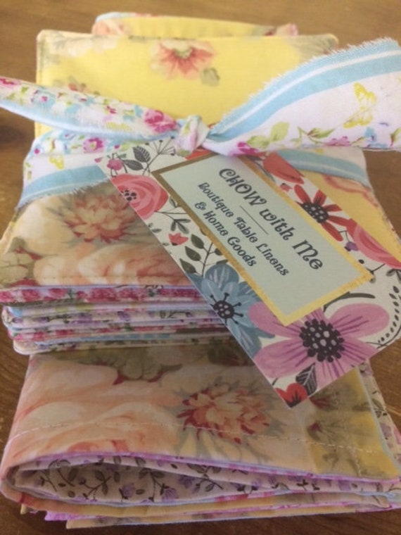 Cottage Chic Cloth Napkins + Coordinating Reversible Beverage Coasters, Set of 8, by CHOW with ME
