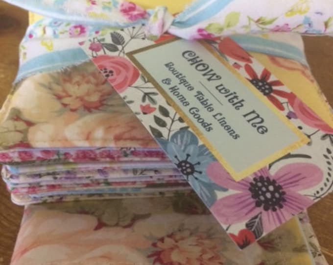 Cottage Chic Floral Cloth Napkins, Reversible Coaster Set