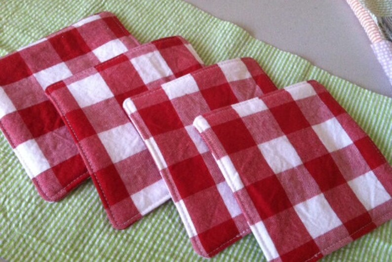 Red and White Buffalo Gingham Check Reversible Beverage Coasters Mug Rug Select your Set Holiday Table Decor