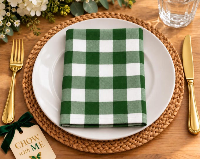 Green and White Gingham Cloth Napkins, Set of 4, 18 Inch Cotton Dinner Napkins, 1 Inch Check, Christmas Table Decor
