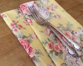 Pretty Yellow / Pink Rose Cloth Napkins, Set of 4, Tea Party, Weddings, Bridal Shower, Baby Shower, Thank You Gift, by Chow with ME