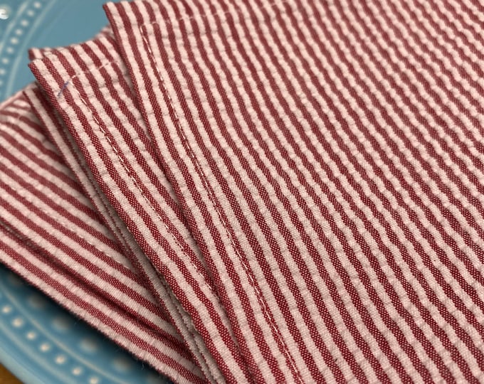 Red Seersucker Cloth Napkins, Cocktail Snack Size, Set of 8, 6 inch