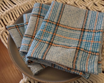 Vintage Plaid Cotton Cloth Napkins, Teal, Orange and Navy, Set of 4