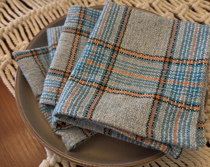 Vintage Plaid Cotton Cloth Napkins, Teal, Orange and Navy, Set of 4