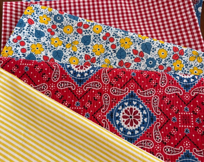 Cotton Lunchbox Napkins – Set of 5, Red Blue Yellow Patterns
