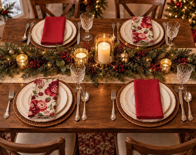 Red Floral Cloth Napkins – Set of 4 Dinner Napkins, 18 inch