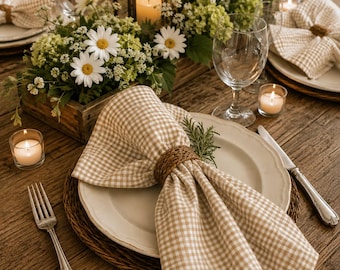 Gingham Cloth Napkins - Tan and White Cotton, Set of 4, 18 inch Dinner Size