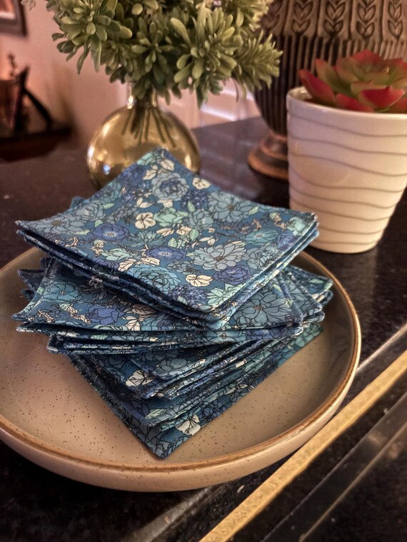 Blue Floral Cloth Napkins, Set of 4, Great for Everyday Eats - When you Just Need a Little Something! Colorful and Reversible, Chow with ME