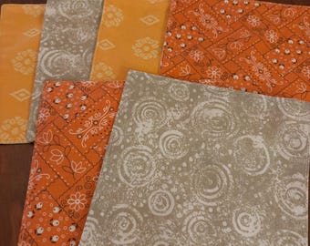 Orange and Khaki, Reversible Cloth Napkins, Set of 6, Snacks, Small Bites, Cotton