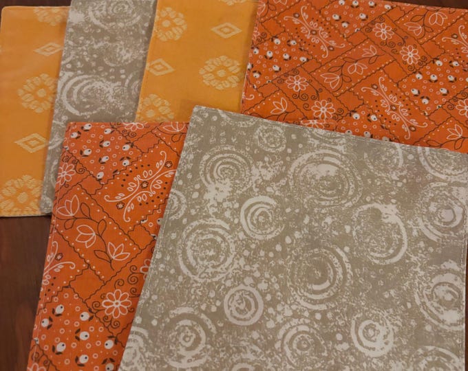 Orange and Khaki, Reversible Cloth Napkins, Set of 6, Snacks, Small Bites, Cotton