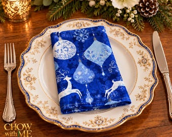 Blue Christmas Cloth Napkins, Set of 4, 18 Inch Cotton Dinner Napkins, Reindeer & Ornament Print