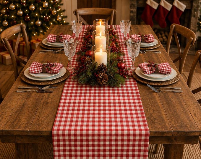 Red and White Gingham Table Runner, 1/4 inch Check Fabric, Holiday Table Decor