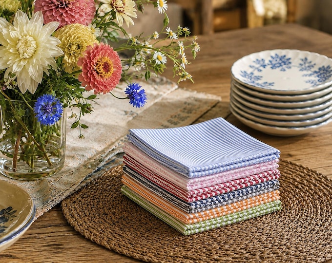 Seersucker Cloth Napkins, Striped Cotton, Set of 8, lunch Box, Cocktail