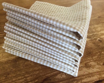 Handmade Cotton Gingham Cloth Napkins - Tan and White, Set of 4
