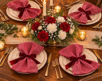 Red Chambray Cotton Napkins, Set of 4, Holiday Table Decor
