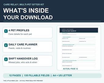 Puede incluir: Un kit digital para cuidadores de mascotas con 12 páginas y 135 campos rellenables en formatos A4 y US Letter. Incluye 4 perfiles de mascotas, un planificador de cuidados diarios para rutinas y un registro de relevo de turnos.