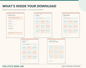 Puede incluir: Cinco páginas digitales imprimibles tituladas WHAT'S INSIDE YOUR DOWNLOAD, que presentan hojas de actividades como LET'S MAKE A LITTLE WIN, TOY RESCUE, BEDROOM EXPLORER, TEAM TOY y YOUR OWN LITTLE WIN BOARD con diseños de cuadrícula y texto.