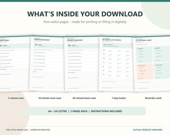 Puede incluir: Cinco páginas de planificador digital tituladas WHAT'S INSIDE YOUR DOWNLOAD, que incluyen 5 Minute Reset, 10 Minute Room Reset, 20 Minute Home Reset, My Week of Little Resets y Cut-Out Reset Cards. Las páginas tienen casillas y campos.