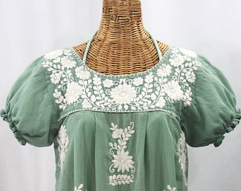 Embroidered Peasant Blouse Top Hand Embroidered: "La Mariposa" Sage with Cream Embroidery ~ Size LARGE