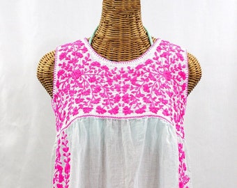 Hand Embroidered Tank Top Sleeveless Embroidered Blouse: "La Sirena" in White with Neon Pink ~ Size MEDIUM