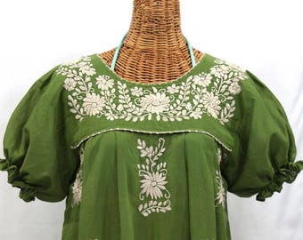 Mexican Peasant Blouse Top Hand Embroidered: "La Mariposa" Fern Green with Cream Embroidery ~ Size MEDIUM