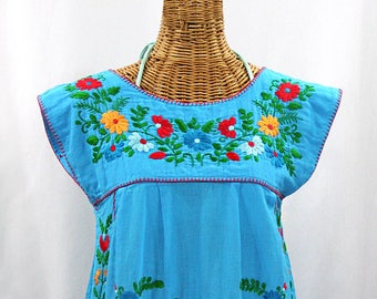 Embroidered Peasant Top Cap Sleeves: "La Boqueria" in Aqua with Multi-color Fiesta Hand Embroidery ~ Size MEDIUM