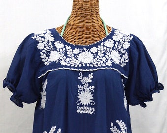 Embroidered Peasant Blouse Top Hand Embroidered: "La Mariposa" Denim Blue with White Embroidery ~ Size LARGE