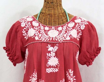 Embroidered Mexican Style Blouse Top Hand Embroidered: "La Mariposa" Tomato Red with White Embroidery ~ Size MEDIUM