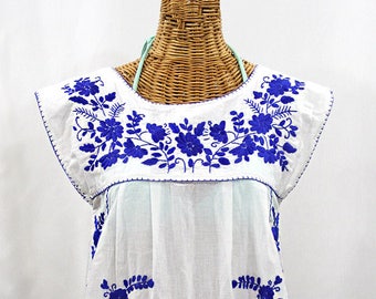 Embroidered Peasant Top Cap Sleeves: "La Boqueria" in White with Blue Hand Embroidery ~ Size LARGE