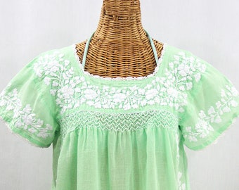 Embroidered Peasant Blouse: "La Marina Corta" in Pale Green with White Embroidery ~ Size MEDIUM