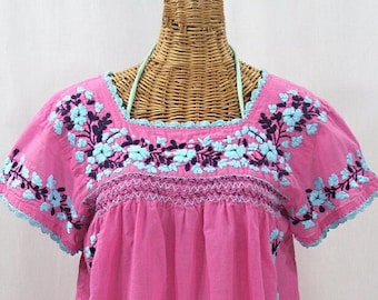 Embroidered Peasant Blouse: "La Marina Corta" in Bubblegum Pink with Navy and Aqua Embroidery ~ Size MEDIUM