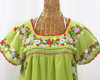 Embroidered Peasant Blouse: "La Marina Corta" in Moss Green with Multi-color Embroidery ~ Size MEDIUM