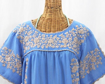 Embroidered Peasant Blouse XXL: "Lijera Libre" by Siren in Light Blue with Cocoa Embroidery