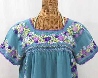 Embroidered Peasant Blouse: "La Marina Corta" in Pool Blue with Purple Multi Embroidery ~ Size MEDIUM