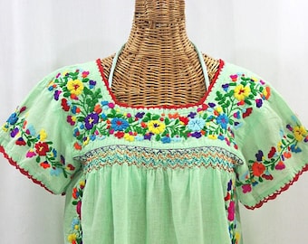 Embroidered Peasant Blouse: "La Marina Corta" in Pale Green with Rainbow Mix Embroidery ~ Size MEDIUM