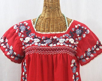Embroidered Peasant Blouse: "La Marina Corta" in Red with Grey Mix Embroidery ~ Size MEDIUM