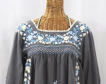 Embroidered Peasant Blouse: "La Marina Larga" in Grey with Blue Mix Embroidery Long Sleeve Style ~ Size MEDIUM