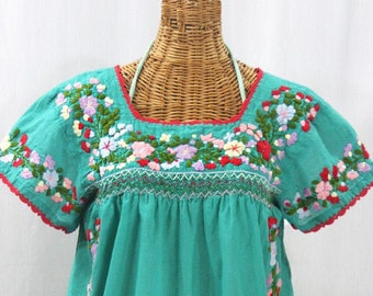 Embroidered Peasant Blouse: "La Marina Corta" in Mint Green with Multi-color Embroidery ~ Size MEDIUM