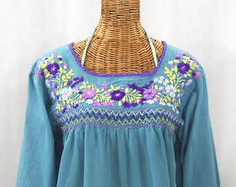 Embroidered Peasant Blouse: "La Marina Larga" in Pool Blue with Purple Multi Embroidery Long Sleeve Style ~ Size MEDIUM