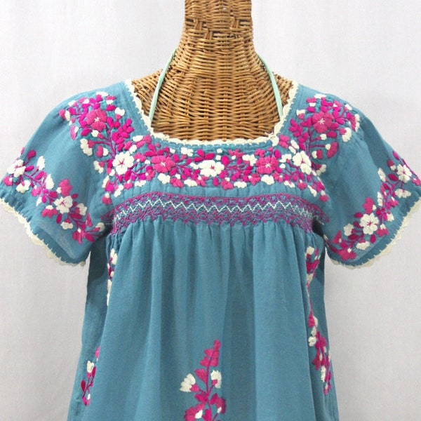 Embroidered Peasant Blouse: "La Marina Corta" in Pool Blue with Bright Pink Mix Embroidery ~ Size XL