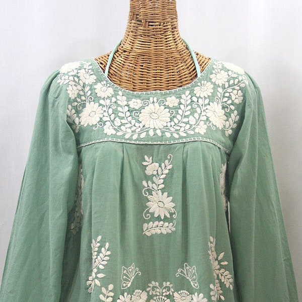 Long Sleeve Embroidered Blouse Hand Embroidered Top "La Mariposa Larga" Sage Green + Cream ~ Size MEDIUM