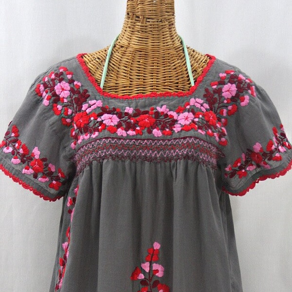 Embroidered Peasant Blouse: "La Marina Corta" in Medium Grey with Red and Pink Mix Embroidery ~ Size MEDIUM