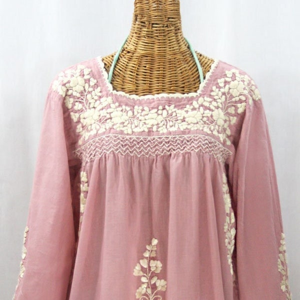 Embroidered Peasant Blouse: "La Marina Larga" in Dusty Light Pink with Cream Embroidery Long Sleeve Style ~ Size MEDIUM